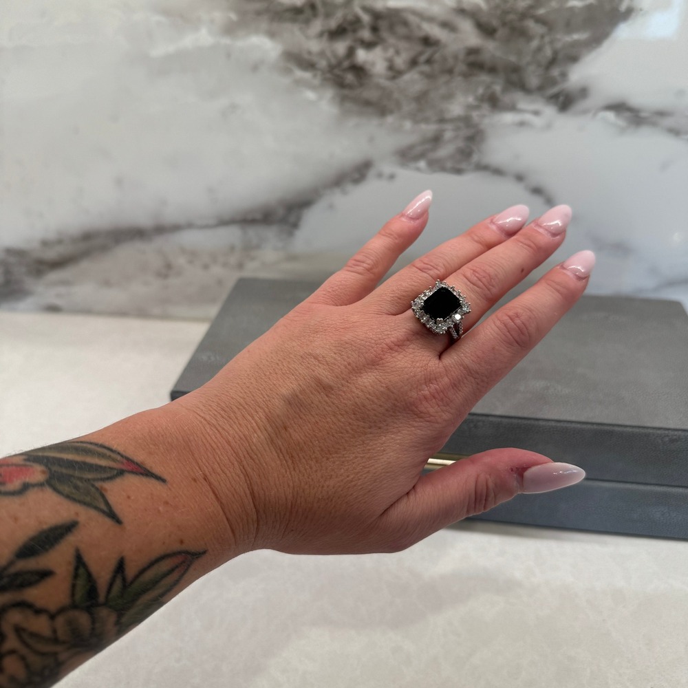Lovisa Black Emerald Cut Crystal Size 7-8 Statement Cocktail Ring Silver Tone